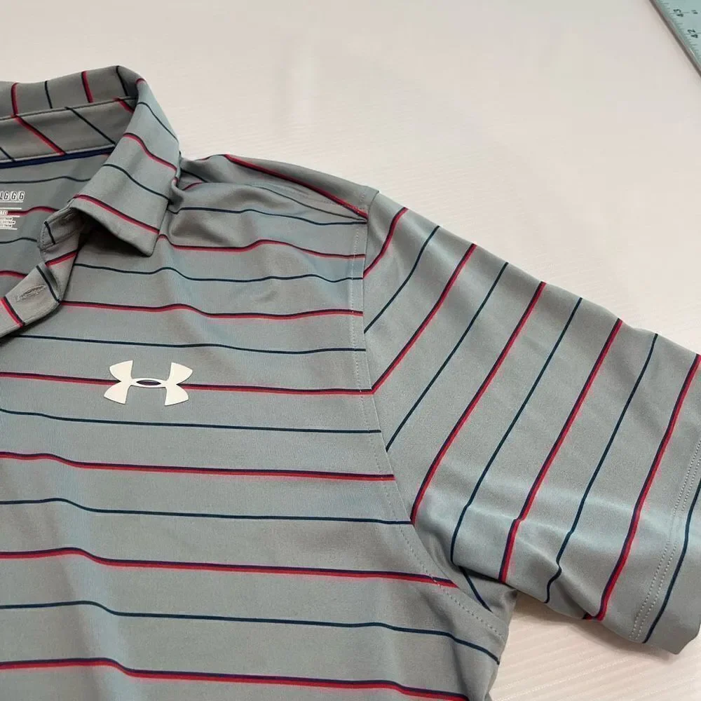 Under Armour Loose Heat Gear Grey Red Blue Stripe Short Sleeve Polo Shirt Size L